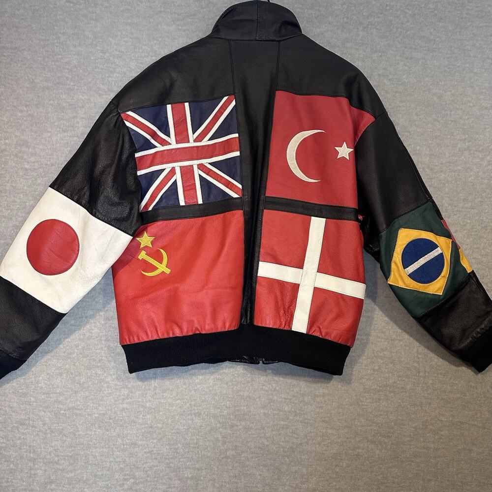 VTG 90s Phase 2 Genuine Leather World Flags Bomber Jacket, Size XL , SOVIET FLAG